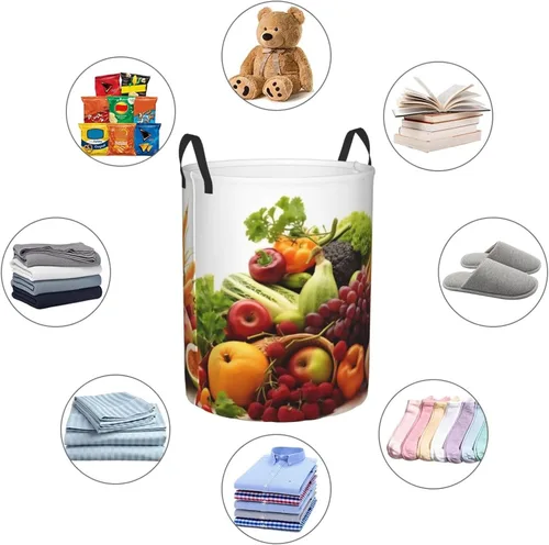 Vista 6 de Cesta circular con estampado de verduras y frutas, impermeable, cesta organizadora de ropa, con asas, para ropa, juguetes, pequeña