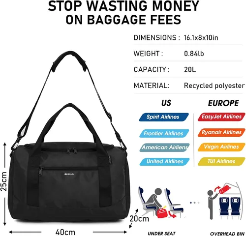 Vista 2 de ECOHUB Para Spirit Airlines - Bolsa de viaje de 18 x 14 x 8 pulgadas, bolsa de viaje, bolsa de lona de viaje, artículos esenciales de viaje, bolsa