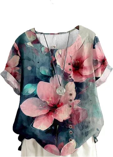Vista 10 de domirica Camisetas de verano para mujer 2024 con estampado de flores, algodón, lino, manga corta, cuello redondo, camisas casuales de moda