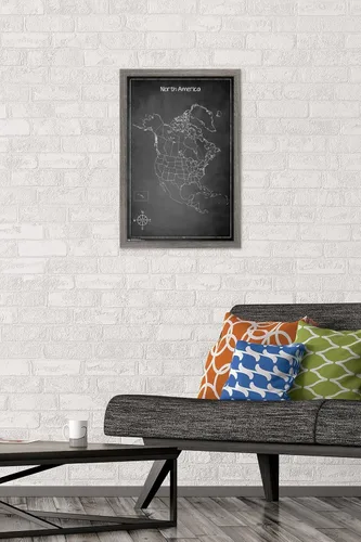 Vista 2 de Trends International Chalk Map - Póster de pared de América del Norte, 22.4 pulgadas de largo x 14.7 pulgadas, versión enmarcada de madera de granero