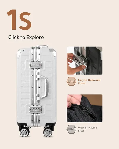 Vista 2 de LUGGEX Equipaje sin cremallera con marco de aluminio - Eleva tu viaje, Blanco, Marco de aluminio blanco equipaje de 24 pulgadas con ruedas