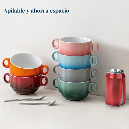 Vista 6 de LOVECASA Cuencos de Sopa Multicolor de 12 OZ con Asas, Cuencos Pequeños de Cerámica para Sopa de Cebolla Francesa, Mini Tazas de Sopa Cuencos