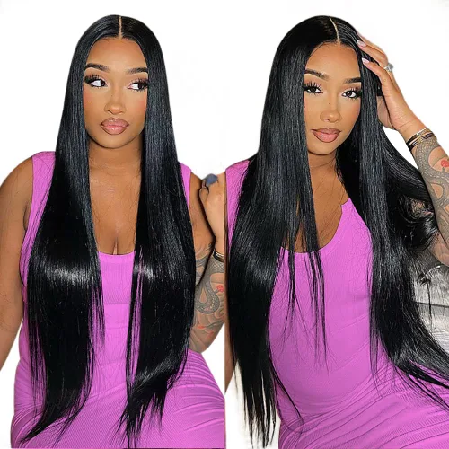 Vista 15 de Mengkai Pelucas de 28 pulgadas de encaje frontal liso de cabello humano, sin pegamento, prearrancadas con cabello de bebé, 13x4 de oreja a oreja
