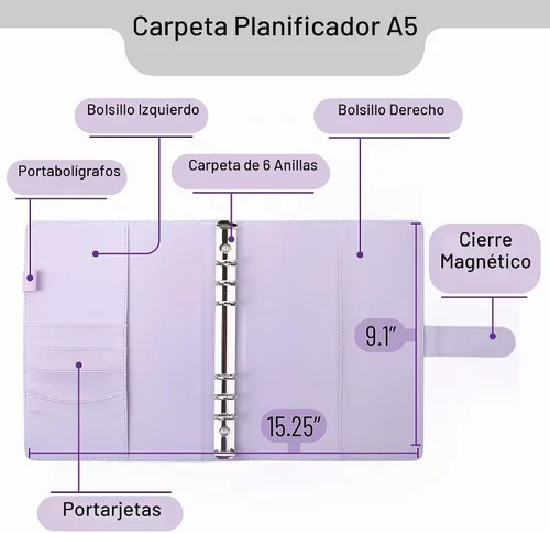 Vista 2 de Mr. Pen - Carpetas de planificador de piel, cubierta de cuaderno de composición recargable, carpeta de portafolios, 6 anillas (A5, morado)