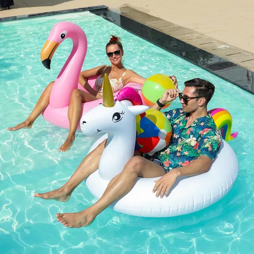 Vista 4 de PARENTSWELL Flotadores inflables de unicornio y flamenco de 43 pulgadas, paquete de 2 flotadores de tubo de piscina con 2 bolas de playa, tubos