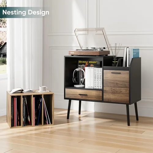 Vista 3 de Soporte para tocadiscos con almacenamiento de discos de vinilo, soporte para tocadiscos con armario de almacenamiento con capacidad para hasta 250