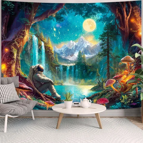 Vista 34 de Zussun Tapiz de hongo rojo, tapices de luna y estrella para dormitorio, estética de color beige, noche estrellada, planta verde, tapiz de pared