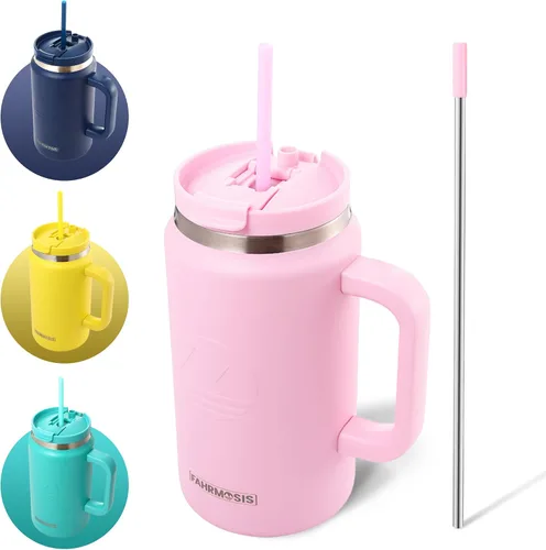 Vista 22 de FAHRMOSIS Vaso de 40 onzas con asa y pajita, taza aislada que cabe en el portavasos para bebidas frías y calientes, vaso a prueba de fugas