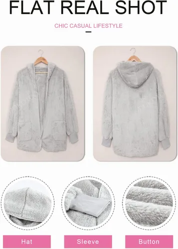 Vista 4 de Dokotoo - Chaqueta de manga larga y de vellón para mujer, cárdigan para el invierno, mullida, color liso, frente abierto, con capucha