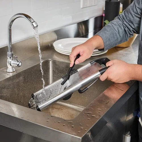 Vista 6 de Restaurantware Rebanadora de mandolina ajustable de acero inoxidable, cortador de verduras estándar alemán con protector de cuchilla, guantes