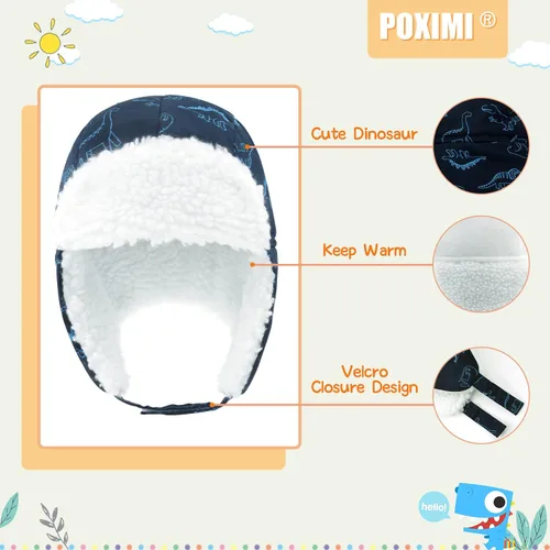 Vista 2 de POXIMI Gorro de trampero para bebé, gorro de invierno para niños, resistente al viento, gorro de nieve para niñas, cálido con orejeras con forro