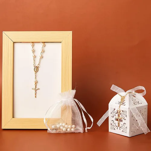 Vista 5 de Juego de 50 paquetes de recuerdos de bautismo, cuentas de rosario de bautismo acrílicas, perlas falsas con bolsas de organza, recuerdo de boda