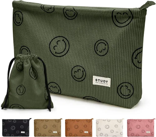 Vista 20 de WLLWOO - 2 bolsas de maquillaje de pana con cara sonriente, bolsa de cosméticos con cremallera interior impermeable, estuche para lápices, monedero