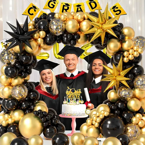 Vista 6 de Kit de arco de guirnalda de globos negro y dorado 158 piezas con globos de confeti negro y dorado, globos de papel de aluminio estrella