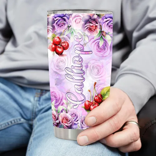 Vista 3 de Vaso personalizado de cereza con tapa, flores, colorido, nombre personalizado, taza aislada, taza de viaje para niñas, mujeres, amantes