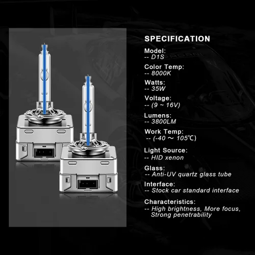 Vista 3 de WinPower D1S foco de faro delantero de xenón HID, 8000K azul hielo blanco 35W, base de cánulas de metal, haz alto y bajo, luces de repuesto, paquete
