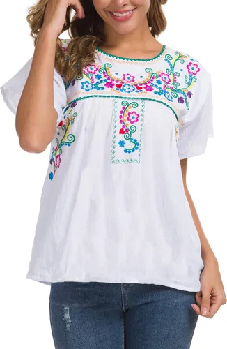 Vista 3 de YZXDORWJ - Blusa mexicana bordada para mujer - Camisa de verano manga corta