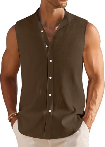 Vista 8 de Camisa sin mangas de lino guayabera cubana para hombre, camisa de verano con botones, camiseta sin mangas de playa, camiseta básica casual