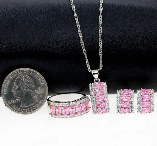 Vista 4 de Uloveido Platino plateado ovalado corte cúbico zirconia 7 piedras collar pendientes y anillo media luna fiesta joyería conjunto T502