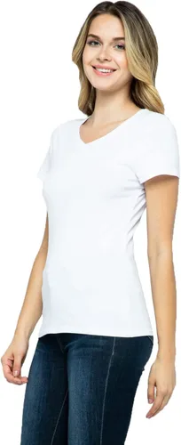 Vista 2 de Camiseta básica básica de algodón suave para mujer, manga corta, cuello redondo y cuello en V, ajustada