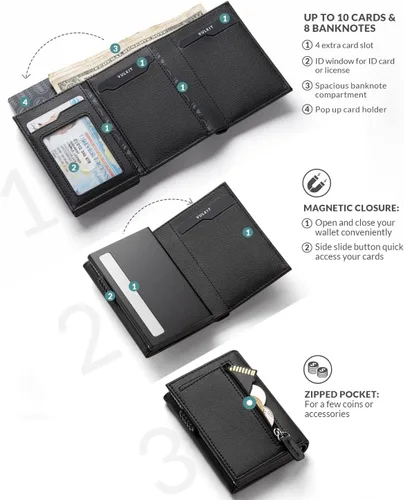 Vista 2 de VULKIT Cartera con bolsillo para monedas, cierre magnético, con ventana de identificación, billetera de cuero para efectivo y tarjetas de crédito
