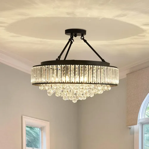 Vista 10 de YYJLX Lámpara de araña de cristal redonda grande moderna de 6 luces, cromada, de montaje semiempotrado, lámpara de techo E26 para comedor, sala