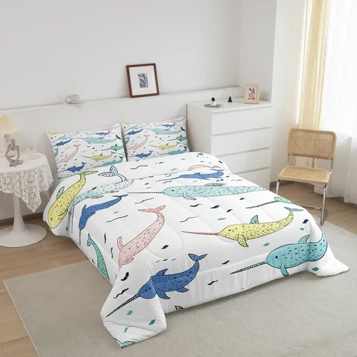 Vista 3 de Erosebridal Narwhal - Juego de edredón de ballena oceánica, edredón de plumón náutico costero para niños y niñas, vida marina, animales de dibujos