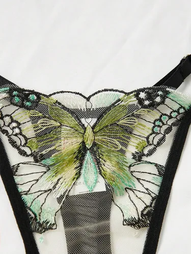 Vista 4 de SOLY HUX Conjunto de lencería de 2 piezas con brasier y braga de malla con bordado de mariposa para mujer