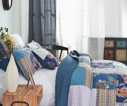 Vista 6 de Tache Home Colcha de cachemir floral bohemio rústico de algodón colcha de retazos