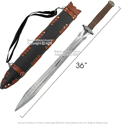 Vista 3 de Munetoshi 36" machete de doble filo espada corta manganeso acero batalla listo para la batalla funda de cuero