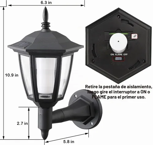 Vista 2 de Dynaming - Paquete de 2 linternas de llama solar de pared para exteriores, luces de pared montadas en la pared con energía solar, luces LED de llama