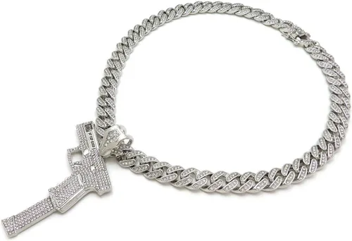 Vista 4 de Pyramid Jeweler Colgante de pistola de oro o plata para hombre Hip Hop y cadena de gargantilla cubana de Miami de 0.472in, Metal, Circonia cúbica
