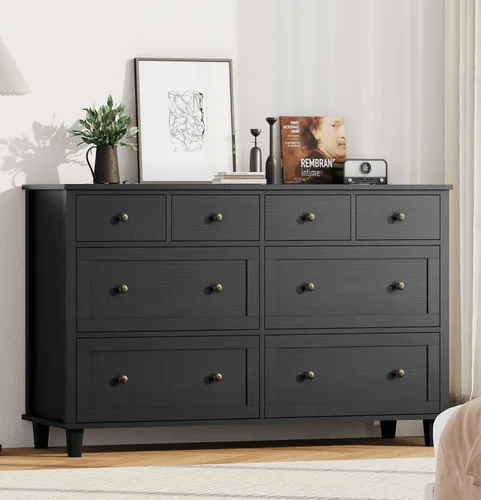 Vista 10 de Cómoda de madera con 8 cajones de 56.3 pulgadas de ancho, cómoda de almacenamiento grande para dormitorio, sala de estar, pasillo, entrada Roble