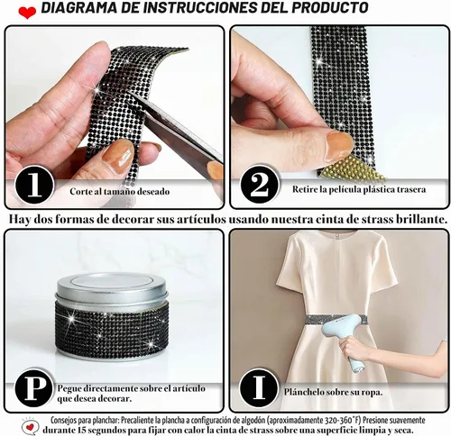 Vista 3 de Cinta de Cristal Brillante con Diamantes de Imitación Autoadhesiva para Planchar DIY con Purpurina Pegatinas de Diamantes para Manualidades Negro