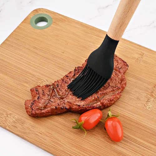 Vista 5 de Juego de utensilios de cocina de silicona negra con soporte de cubo de almacenamiento, mango de madera antiadherente, utensilios de cocina