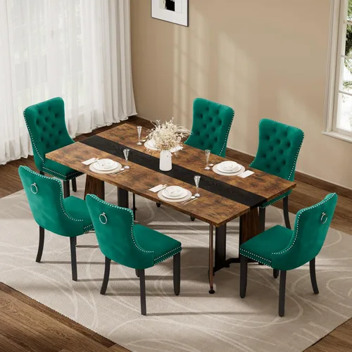Vista 22 de Juego de mesa de comedor de 5 piezas con 4 sillas, mesa de comedor rectangular de madera de 71 pulgadas con sillas de comedor de terciopelo, tablero