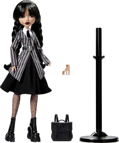 Vista 6 de Muñeca de miércoles de Monster High y accesorios, muñeca coleccionable de Wednesday Addams en uniforme de la Academia Nevermore con Thing y mochila
