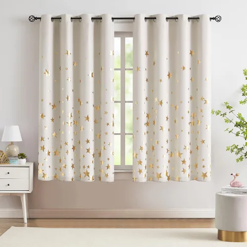 Vista 11 de Treatmentex Cortinas Blackout Completas Gold Star Negras para Dormitorio de Niños Varones, Paneles de Ventana con Acabado Metálico para Cuarto