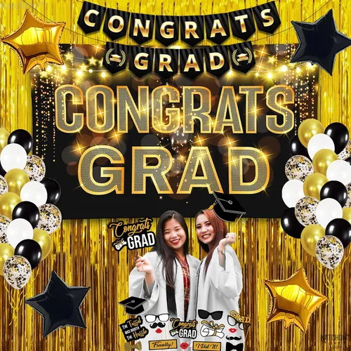 Vista 4 de Gran juego de globos de graduación dorados 2022 – Suministros para fiesta de graduación 2022 Decoraciones de graduación en negro y dorado 2022