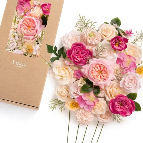Vista 18 de Ling's moment Caja de flores artificiales de color rosa, sorbete tropical Grn-sorbete Tropical