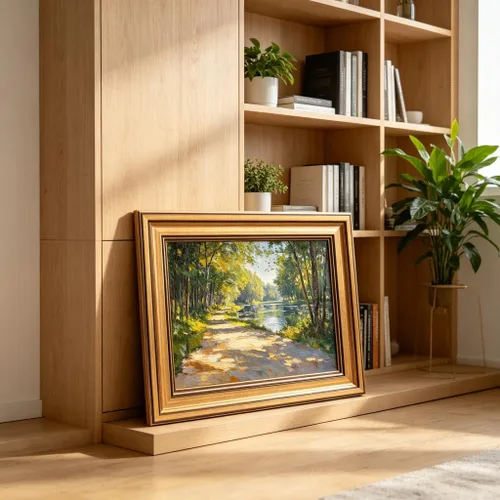 Vista 5 de Lienzo enmarcado en oro, bosque de sol, arte de pared, textura 3D, impresionista, paisaje, decoración, imagen, primavera, verano, naturaleza