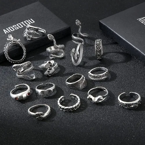 Vista 3 de AIDSOTOU - Juego de anillos abiertos vintage para hombre, con diseño de rana, serpiente, calavera, estilo gótico, punk, para hombres, mujeres