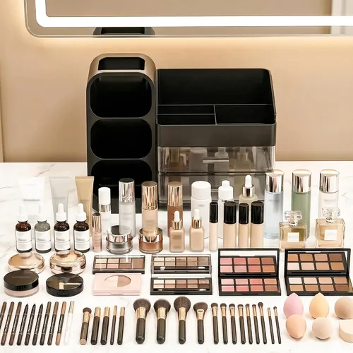 Vista 3 de Organizador de maquillaje de gran capacidad con soporte para brochas de maquillaje para tocador, material grueso, organizador de encimera de baño