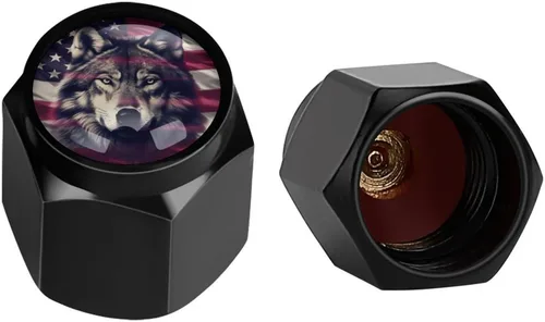 Vista 3 de Wolf - Tapones de válvula de neumático con bandera americana, tapas de válvula de neumático de aluminio negro, cubiertas universales