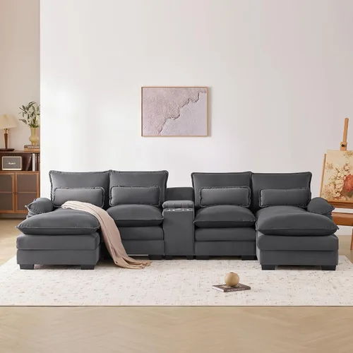 Vista 11 de Sofá seccional de gran tamaño de 142 pulgadas con 2 otomanas y consolas de almacenamiento móviles, sofá modular de felpilla en forma de U de 6