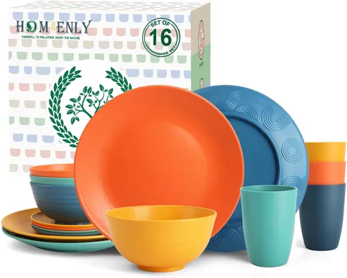 Vista 17 de Homienly Juegos de Vajilla Premium de Paja de Trigo, Platos y Tazones Ligeros e Irrompibles, Tazas, Servicio para 4, Apto para Lavavajillas