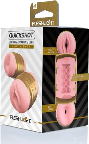 Vista 4 de Fleshlight Quickshot Textura de unidad de entrenamiento de resistencia Juguete sexual para parejas en caja dorada Aberturas de vagina y glúteos