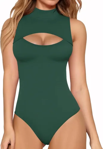 Vista 7 de MANGOPOP - Body de cuello alto con recorte frontal para mujer, manga larga, sin mangas, cuello de tortuga, trajes sexys 01 Manga larga negra