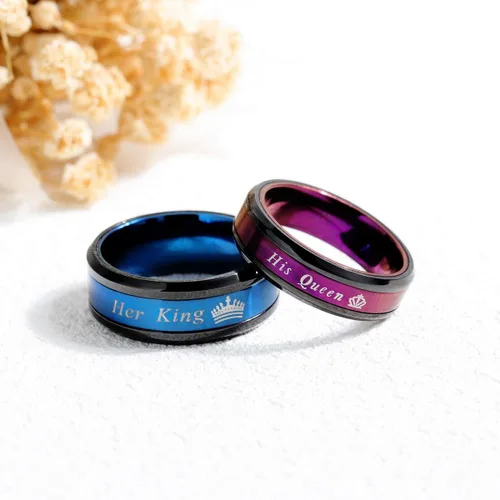 Vista 2 de Juego de 2 anillos a juego para parejas de rey y reina, anillos de compromiso de acero inoxidable