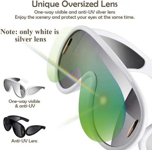 Vista 3 de zxbaers Gafas de sol con máscara ondulada, paquete de 2 lentes de sol futuristas para mujeres y hombres, de gran tamaño, plateadas, espejadas